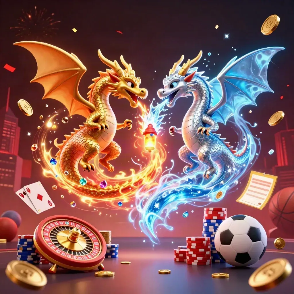 Gold and silver dragons spiral with casino coins, chips, cards, balls, and glowing city lights.