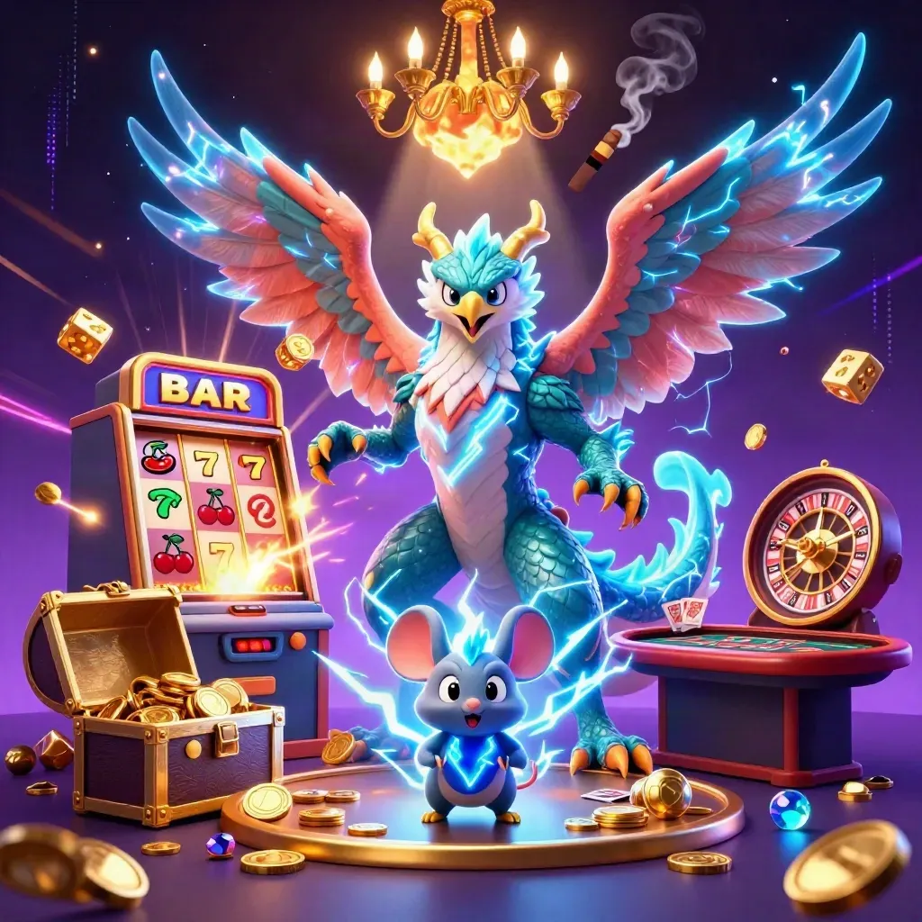 Thunder dragon, wind hawk, and static mouse in a luxe neon casino scene with slot, dice, and gold.