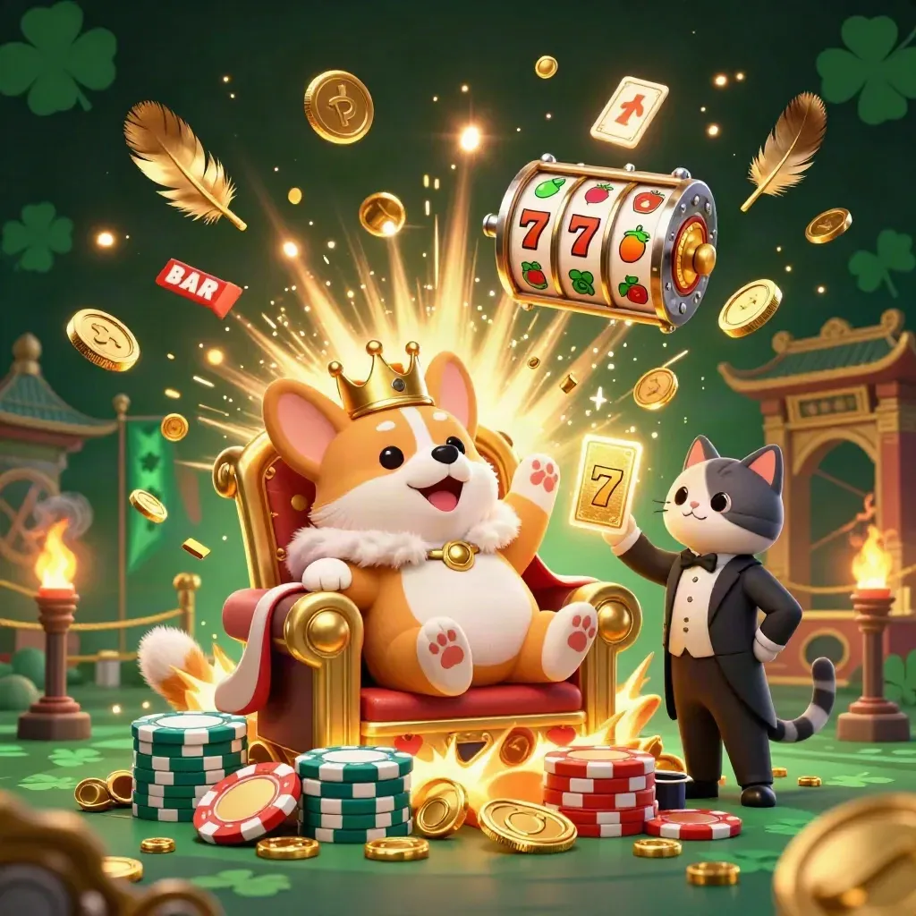 Corgi king and cat butler amid coins, reels, fireworks, and casino treasure in a luxe dark scene
