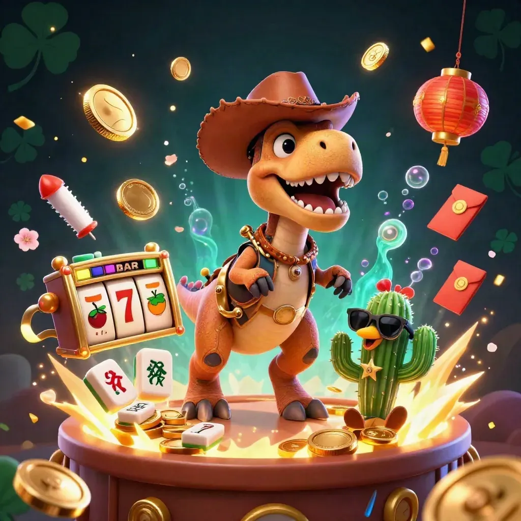 Cowboy T-Rex, cactus, and roadrunner explode with coins, lanterns, fireworks, and slot symbols.