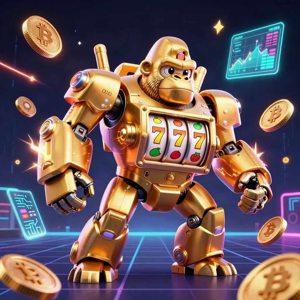 Golden gorilla slot mech with tiny monkey pilot amid neon crypto coins and electric casino effects
