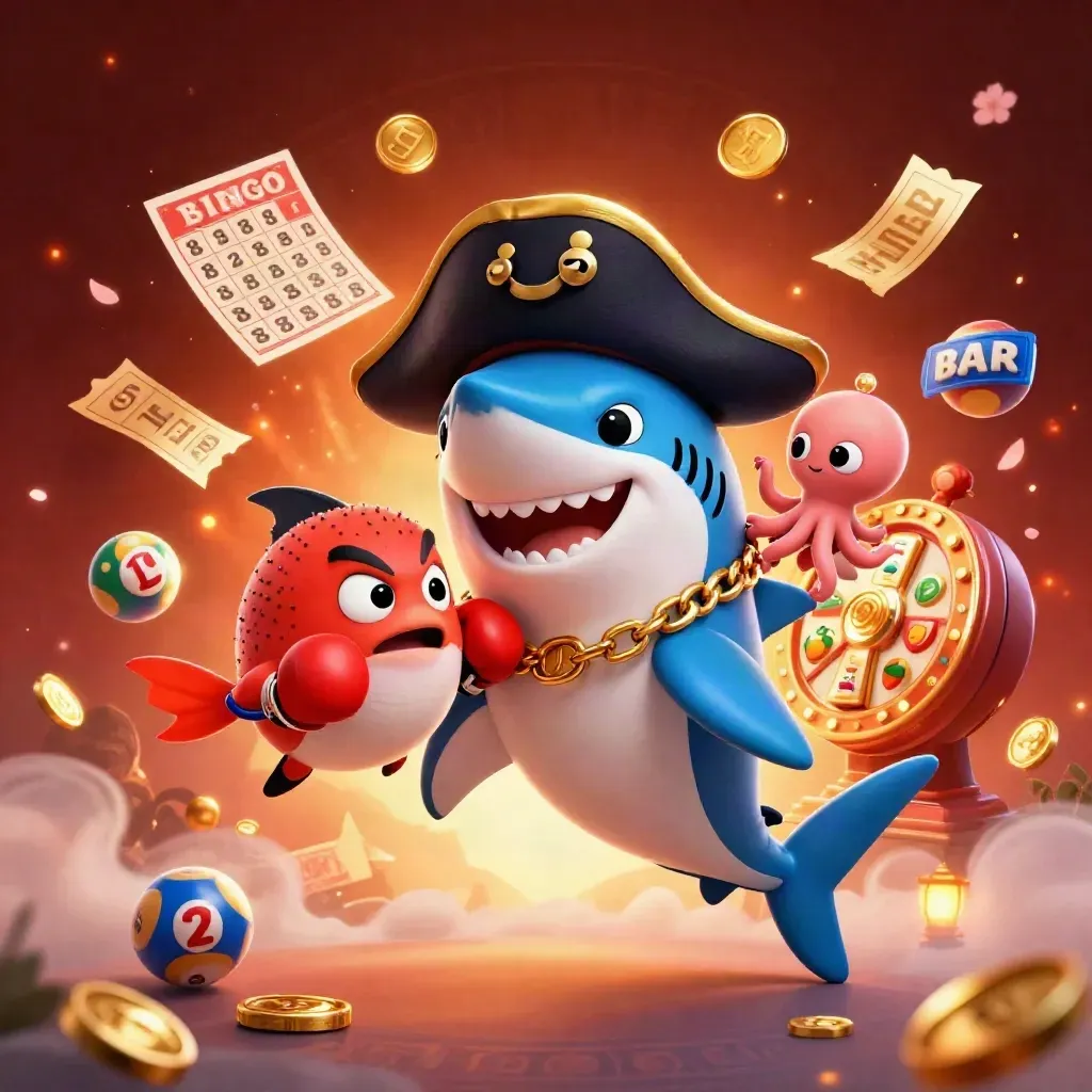 Pirate shark, boxing pufferfish and coin-juggling octopus amid slot reels and casino glow